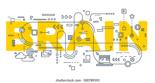 Vector creative illustration of brain word lettering typography with line icons on white background. Creative brain concept. Thin line art style design for website banner, poster