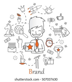 Vector creative illustration of brand with line icons. Branding technology concept. 