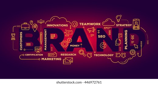 Vector creative illustration of brand word lettering typography with line icons, tag cloud on dark red gradient background. Branding  technology concept. Thin line art style design of business brand