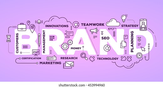 Vector creative illustration of brand word lettering typography with line icons and tag cloud on glow pink gradient background. Branding  technology concept. Thin line art style design of word brand