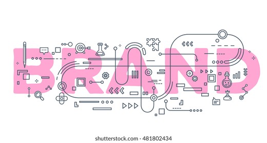 Vector creative illustration of brand word lettering typography with line icons on white background. Branding  technology concept. Thin line art style design of word brand for business branding theme