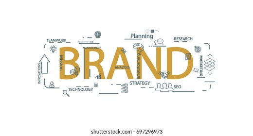 Vector creative illustration of brand word lettering typography with line icons and tag cloud on white background. Branding technology concept. Thin line art style design of word brand for branding