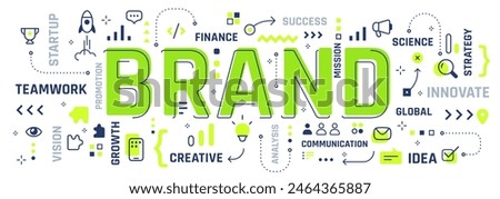 Vector creative illustration of brand word typography with line icon, word cloud on white color background. Brand business infographic concept. Line art style design for digital banner, poster, print