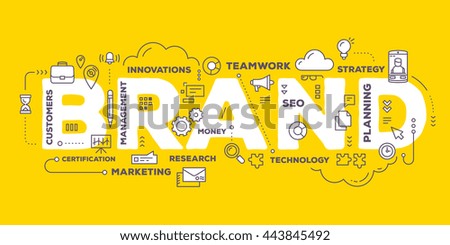 Vector creative illustration of brand word lettering typography with line icons and tag cloud on yellow background. Branding  technology concept. Thin line art style design of word brand for branding