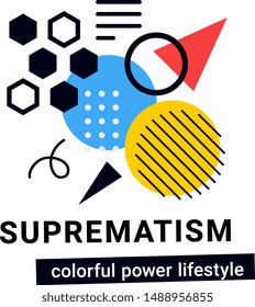 Vector creative illustration of bright abstraction. Abstract geometric background with triangle, circle shape, line, header. Template composition flat style design for web, site, banner, poster