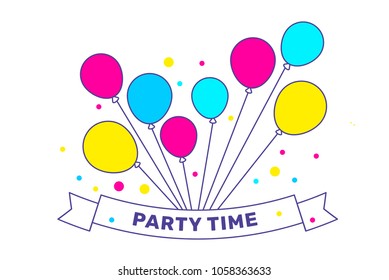 Vector creative illustration of bright color bunch of air balloon with ribbon and text party time on white background with confetti. Flat thin line art style design of party, weekend web, banner, card