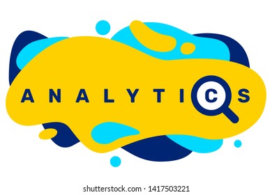 Vector creative illustration of business analytics word typography with magnifier icon on bright color background with abstract shape. Flat line art style design for web, site, banner, presentation