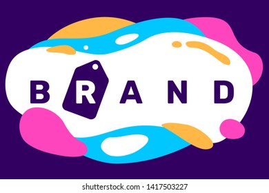 Vector creative illustration of business brand word typography with price tag on bright color background with abstract shape. Flat style design for web, site, horizontal banner, presentation