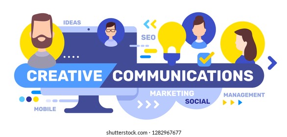 Vector creative illustration of business communication word typography with light bulb, cloud, key word and head of people in bubble on white background. Flat style design for web, site, banner