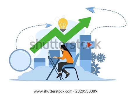 Vector creative illustration of a business graph, data storage in the cloud, an employee engaged in building graph columns, career growth to success, business analysis flat color icon.