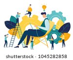 Vector creative illustration of business graphic, company is engaged in joint construction of column graphs, rise career to success, abstract head of person filled with ideas thoughts vector