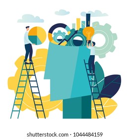 Vector creative illustration of business graphic, company is engaged in joint construction of column graphs, rise  career to success, abstract head of person filled with ideas thoughts and analytics