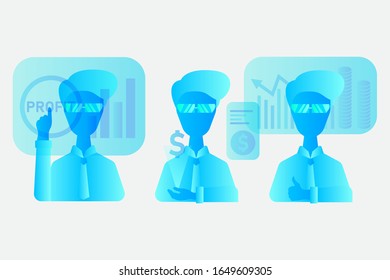 Vector ilustración creativa del gráfico de negocios, la empresa se dedica a la construcción conjunta de gráficos de columnas, ascender carrera al éxito, jefe abstracto de persona lleno de ideas pensamientos y análisis