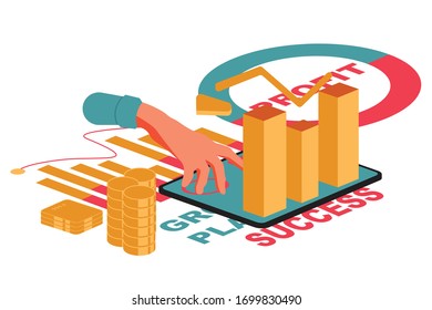 Vector creative illustration of business graphic, company is engaged in joint construction of column graphs, rise career to success, isometric gradient