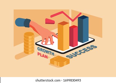 Vector creative illustration of business graphic, company is engaged in joint construction of column graphs, rise career to success, isometric gradient