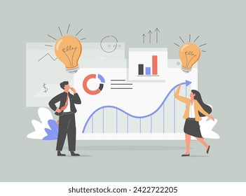 Vector creative illustration of business graphic, company is engaged in joint construction of column graphs, rise career to success, abstract head of person filled with ideas thoughts vector