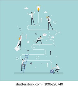 Vector creative illustration of business graphics, businessmen run to achieve new goals path to success,business flat color icons vector