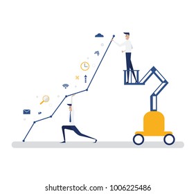 Vector creative illustration of business graphics, businessmen support the scale of achievement goals path to success, flat color icons, business concept