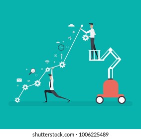 Vector creative illustration of business graphics, businessmen support the scale of achievement goals path to success, flat color icons, 