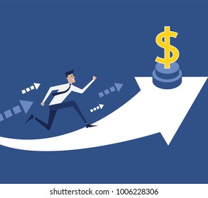 Vector creative illustration of business graphics, businessman runs along the arrow upward achievement goals path to success, flat color icons, 