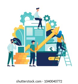 Vector creative illustration of business graphics, the company is engaged in the joint construction of column graphs, the rise of the career to success, flat color icons, business analysis 