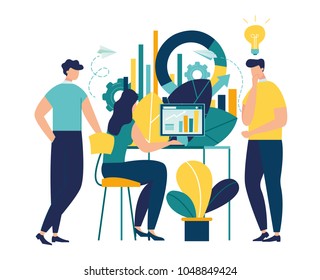 Vector creative illustration of business graphics, the company is engaged in the joint construction of column graphs, the rise of the career to success, flat color icons, business analysis  vector