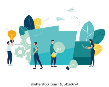 Vector creative illustration of business graphics, the company is engaged in joint search for ideas, abstract person's head, filled with ideas of thought and analytics, replacing old with new  vector