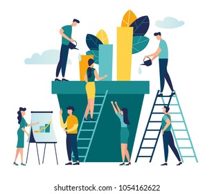 Vector creative illustration of business graphics, the company is engaged in the joint construction of column graphs, the rise of the career to success, flat color icons, business analysis  vector