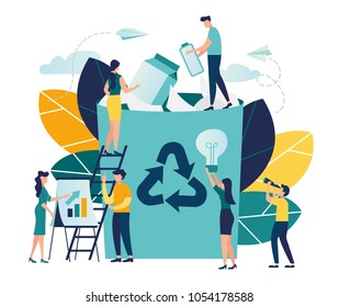 Vector creative illustration of business graphics, the employee is engaged in recycling garbage, career growth to success, flat color icons, business analysis, environmental protection vector