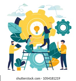 Vector creative illustration of business graphics, the company is engaged in the joint construction of column graphs, the rise of the career to success, flat color icons, business analysis  vector