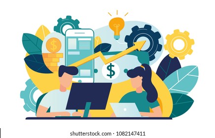 Vector creative illustration of business graphics, the company is engaged in teamwork, raising a career to success, vector, filled with ideas of thought and analytics, genius ideas