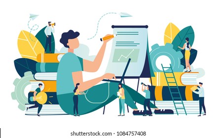 Vector creative illustration of business graphics, distance learning, online courses and business, education, online books and tutorials, preparation for exams, home schooling vector