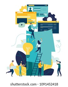 Vector creative illustration of business graphics, the company is engaged in joint search for ideas, the voice of an abstract person, filled with ideas of thought and analytics, website development