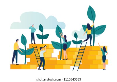 Vector creative illustration of business graphics, the company is engaged in the joint construction and cultivation of cash profits, career growth to success, flat color icons, business analysis