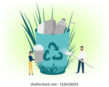 Vector creative illustration of business graphics flat cartoon style, the employee is engaged in the processing of garbage, protection of the environment, small people are throwing garbage