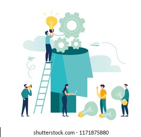 Vector creative illustration of business graphics, the company is engaged in joint search for ideas, abstract person's head, filled with ideas of thought and analytics, replacing old with new 