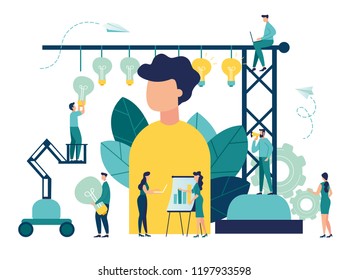 Vector creative illustration of business graphics, the company is engaged in joint construction, raising a career to success, the abstract person's head, filled with ideas of thought and analysis, 