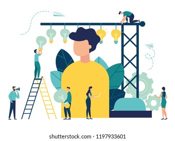 Vector creative illustration of business graphics, the company is engaged in joint construction, raising a career to success, the abstract person's head, filled with ideas of thought and analysis, 