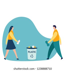 Vector creative illustration of business graphics, the employee is engaged in the processing of garbage, flat colored icons, protection of the environment, small people are throwing garbage