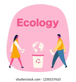 Vector creative illustration of business graphics flat cartoon style, the employee is engaged in the processing of garbage, protection of the environment, small people are throwing garbage