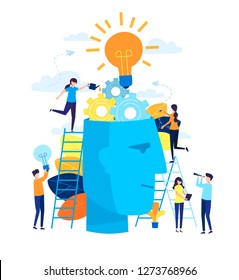 Vector creative illustration of business graphics, the company is engaged in joint search for ideas, abstract person's head, filled with ideas of thought and analytics, replacing old with new