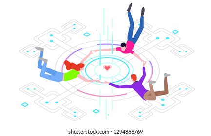 Vector creative illustration of business graphics, the company is engaged in a joint search for ideas in the virtual world of technology