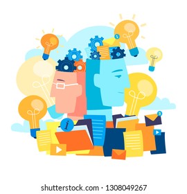 Vector creative illustration of business graphics, the company is engaged in joint search for ideas, abstract person's head, filled with ideas of thought and analytics, replacing old with new