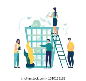 Vector creative illustration of business graphics, the employee is engaged in recycling garbage, career growth to success, flat color icons, business analysis, environmental protection - Vector 