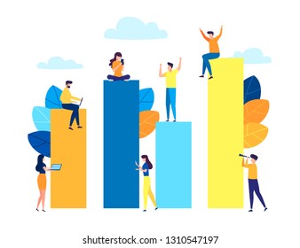 Vector ilustración creativa de gráficos de negocios, la empresa se dedica a la construcción conjunta de gráficos de columnas, el ascenso de la carrera al éxito, iconos de color plano, análisis de negocios