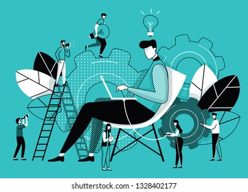 Vector creative illustration of business graphics, linear style, the company is engaged in the joint construction of column graphs, raise a career for success, abstract human head filled with ideas, t