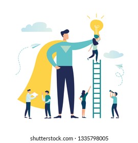 Vector creative illustration of business graphics, the company is engaged in a joint search for ideas, a superhero gives an idea