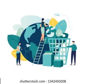 Vector creative illustration of business graphics, an employee engaged in recycling garbage, save the planet, save energy, Earth Day concept-vector