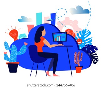 Vector creative illustration of  business graphics, an employee engaged in the construction of columns of graphs, metaphor of career success, flat color icons, business analysis, data storage 
