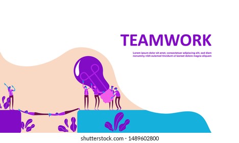 Vector creative illustration of business graphics teamwork,search for new ideas bring bulb across the bridge work together as a team. - Vector